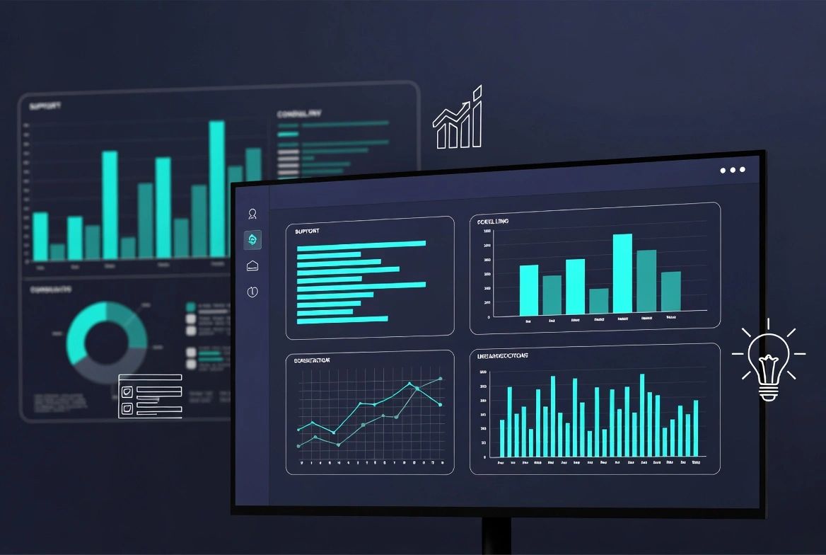 Digital screens displaying various data charts and graphs with a dark background.