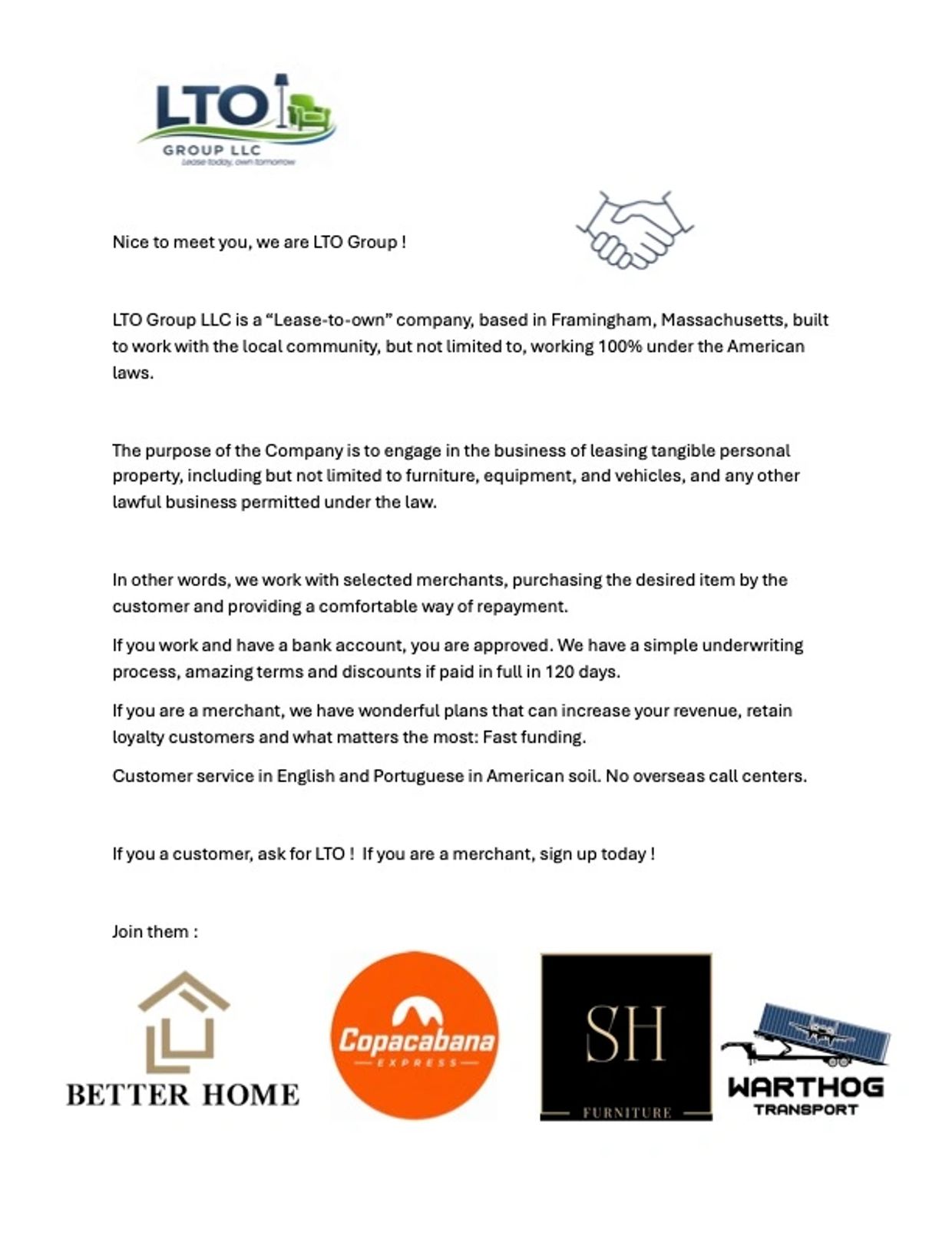 Introduction and business info of LTO Group LLC with logos of partner merchants.
