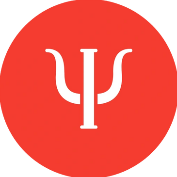 White psi symbol on a red circular background.