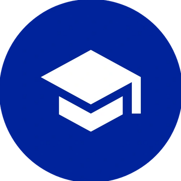 White graduation cap icon on a blue circular background.
