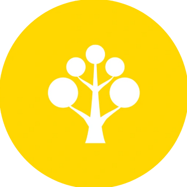 White stylized tree with round leaves on a yellow circular background.