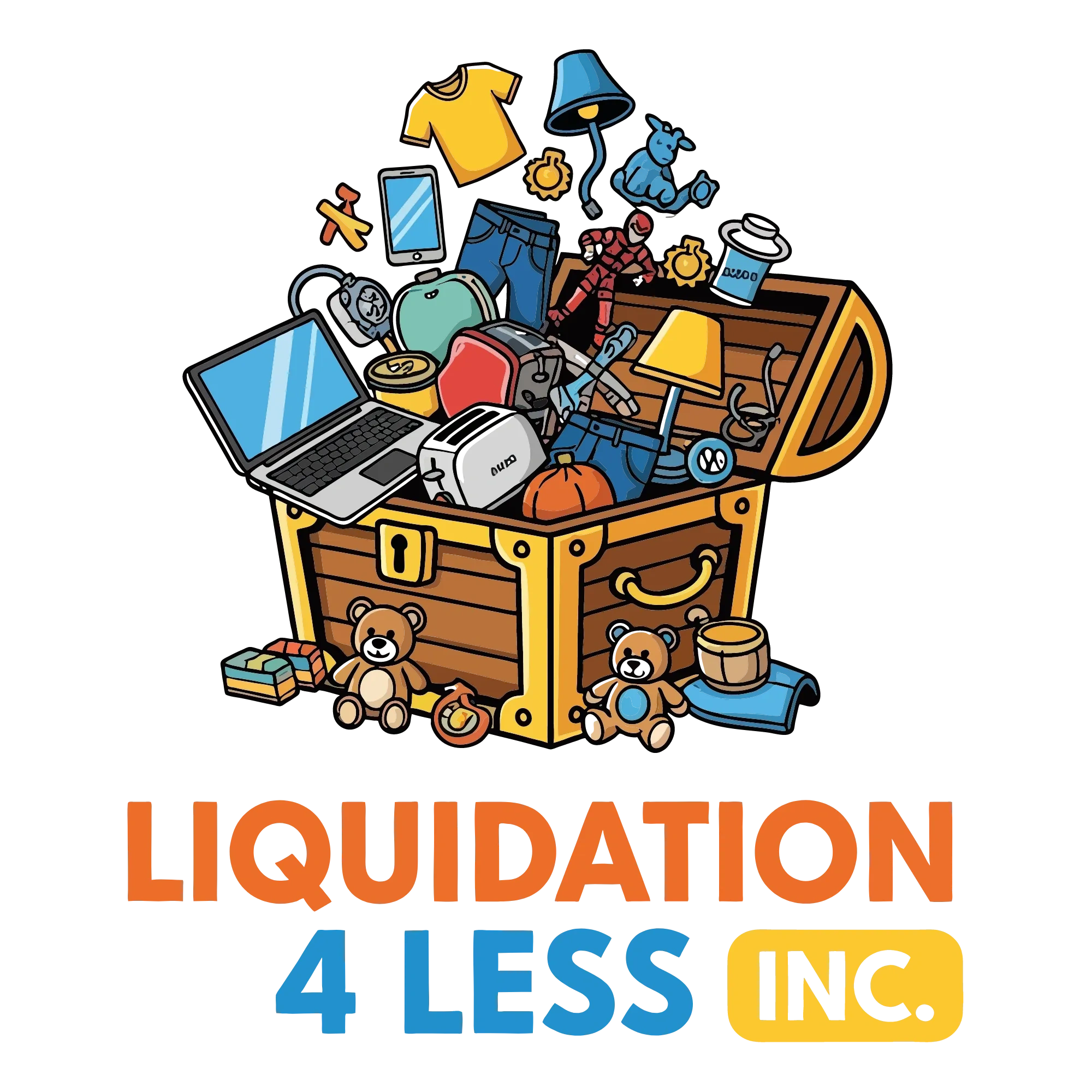 Colorful treasure chest filled with various items and liquidation sale text.