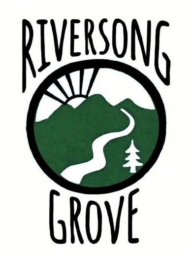Logo with mountains, river, tree, and sun rays.