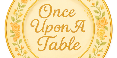 Decorative plate with 'Once Upon A Table' text surrounded by floral designs.