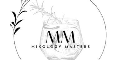 Logo of a modern mixology cocktail bar with a stylish glass and herbs.