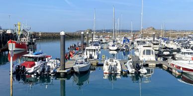 A peaceful marina filled with various boats docked under a clear blue sky.