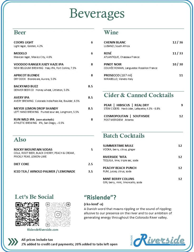 Beverage menu featuring beer, wine, cocktails, sodas, and social info from Riverside.