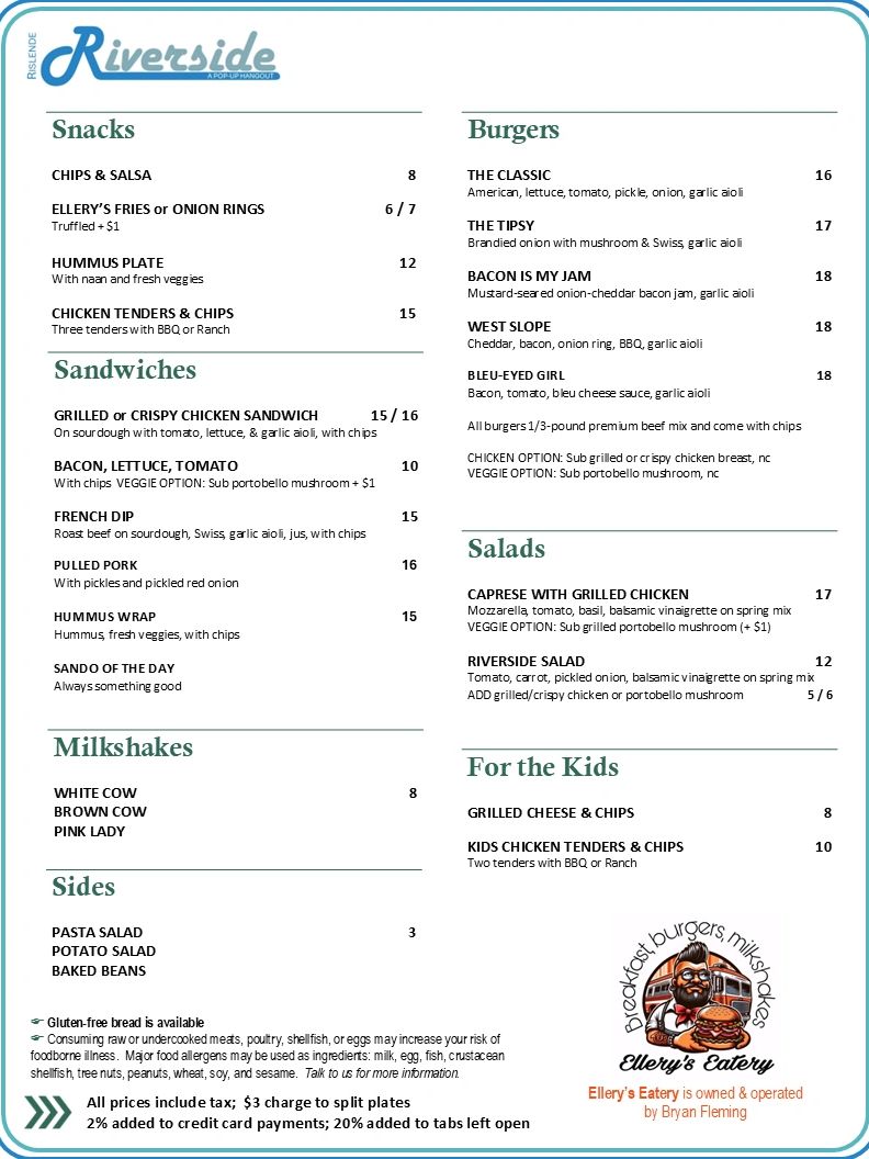 Menu featuring snacks, sandwiches, burgers, salads, milkshakes, and kids' meals at Ellery's Eatery.