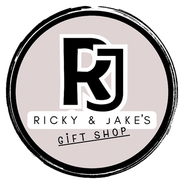 a grey circle with a grey edge, and "Ricky & Jake's gift shop" written on top