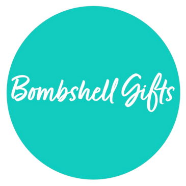 A teal colored square with "bombshell gifts" written inside