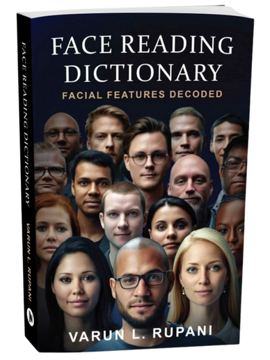 Book titled 'Face Reading Dictionary' by Varun L. Rupani with diverse faces on cover.