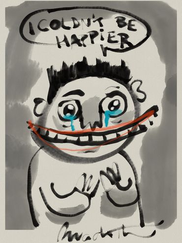 Abstract drawing of a crying figure with a forced smile and 'I couldn't be happier' text.