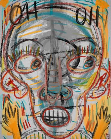 Abstract colorful portrait with expressive face and text 'OH OH'.