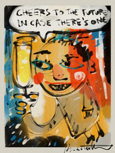 Colorful cartoon character holding a glass, saying cheers to the future.