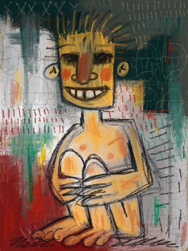 Abstract figure with a broad smile sitting cross-legged in vibrant colors.