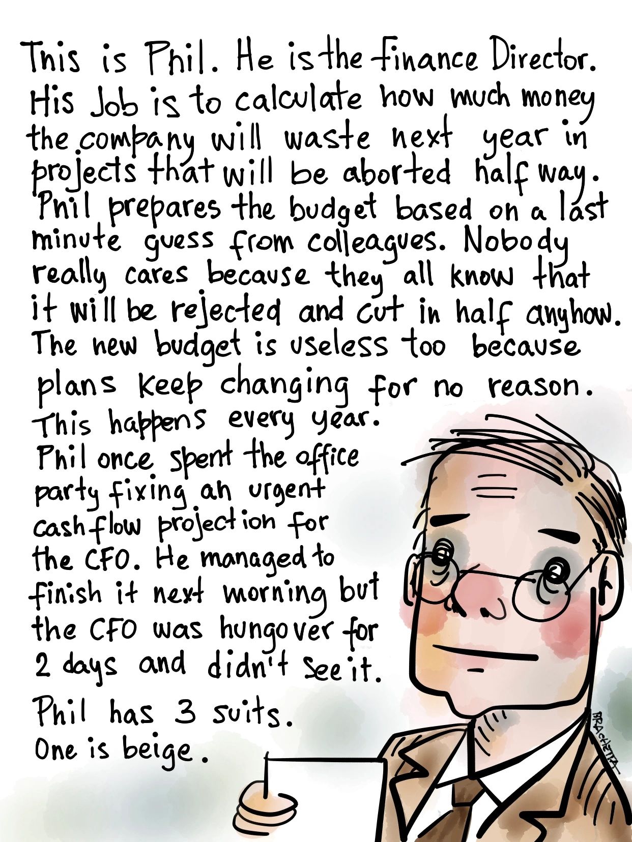 Comic-style illustration of Phil, a disillusioned finance director, with a humorous text about his futile budgeting tasks.