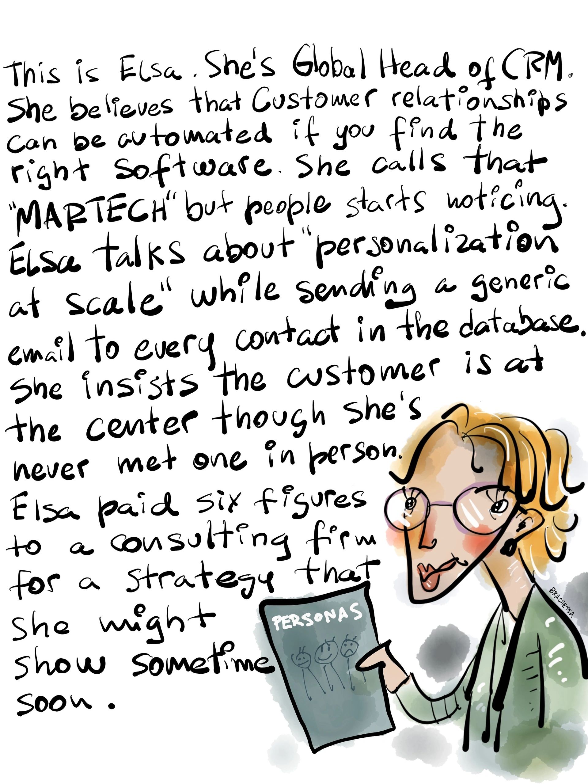 Illustration of Elsa, a CRM head, discussing marketing technology and personalization challenges.
