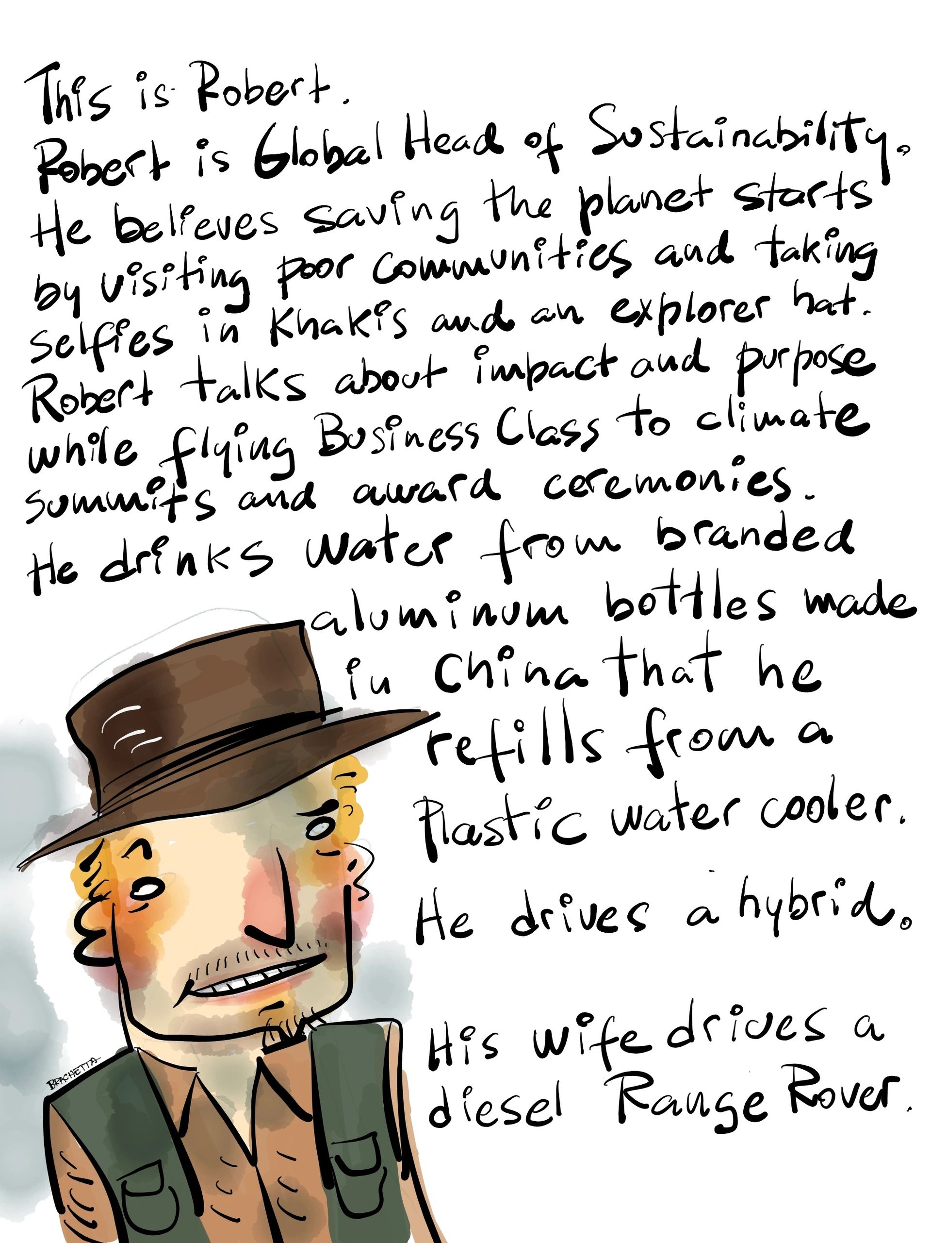 Illustration of Robert, a Global Head of Sustainability with ironic habits.