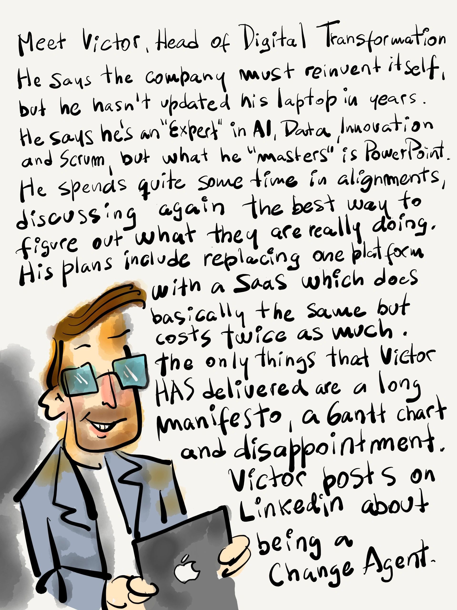 Illustration of Victor, a digital transformation head with outdated tools and unfulfilled promises.