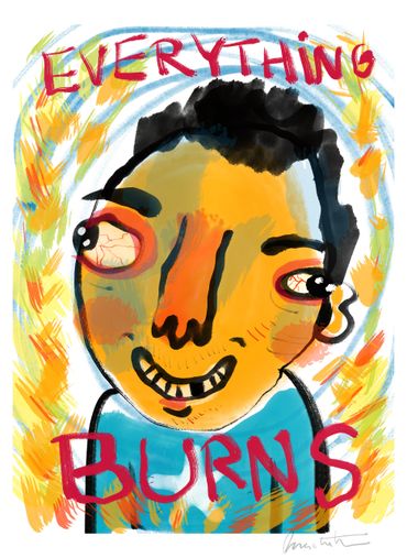Abstract portrait with fiery colors and text 'EVERYTHING BURNS'.