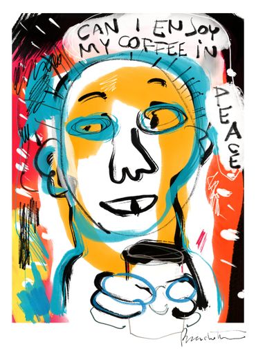 Abstract colorful portrait asking to enjoy coffee in peace.