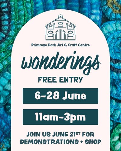 Wonderings exhibition and open day poster, with background artwork "Rock Pools" by @lmpavey.