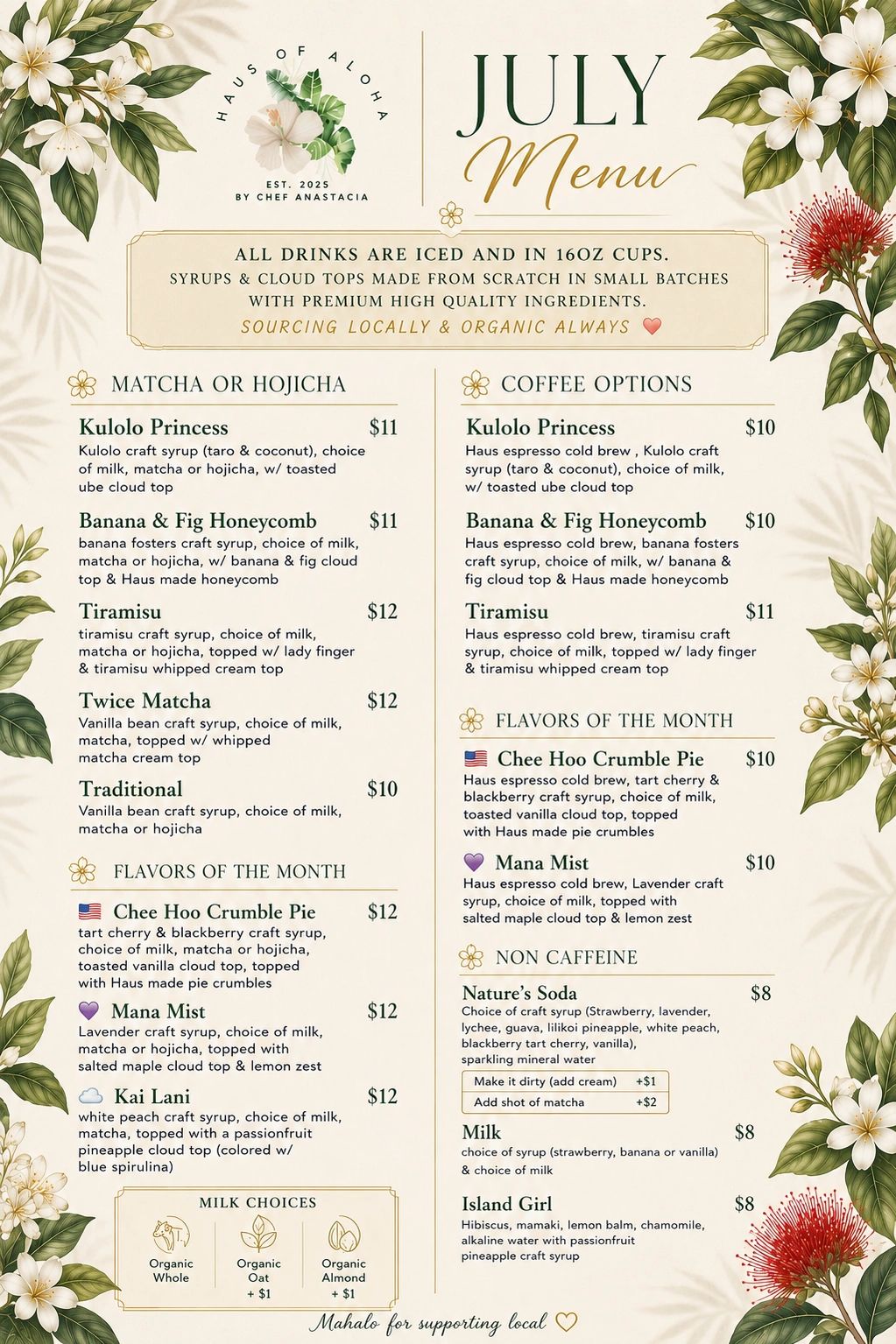 July menu from Haus of Aloha with drinks and flavors of the month.
