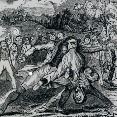 Historical black-and-white illustration of a fight with a crowd watching.