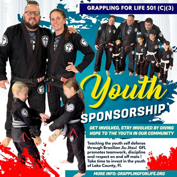 Group practicing Brazilian Jiu Jitsu promoting youth sponsorship and community involvement.