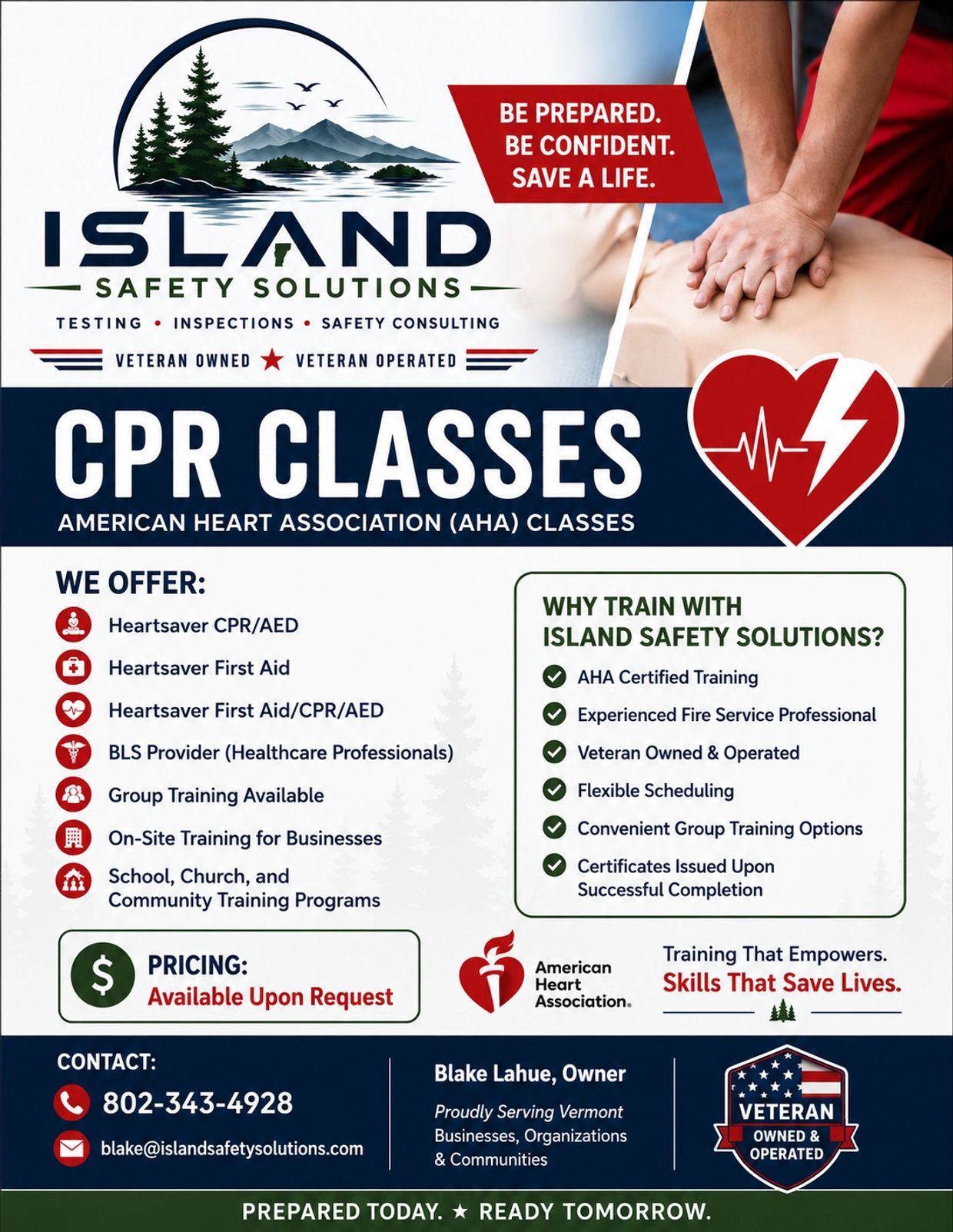 Flyer advertising CPR classes by Island Safety Solutions, emphasizing veteran ownership and expert training.