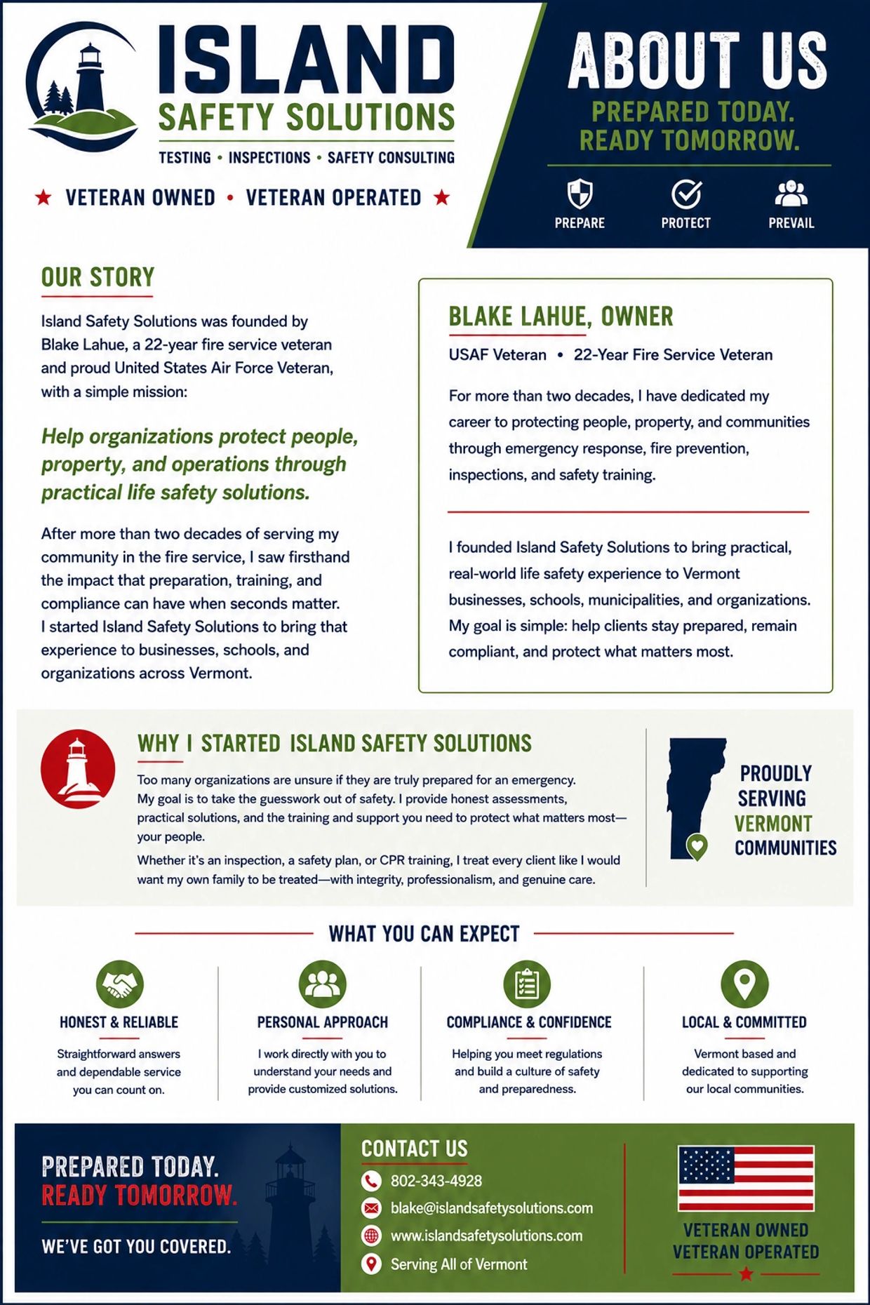 Informative flyer for Island Safety Solutions, veteran-owned safety consulting.