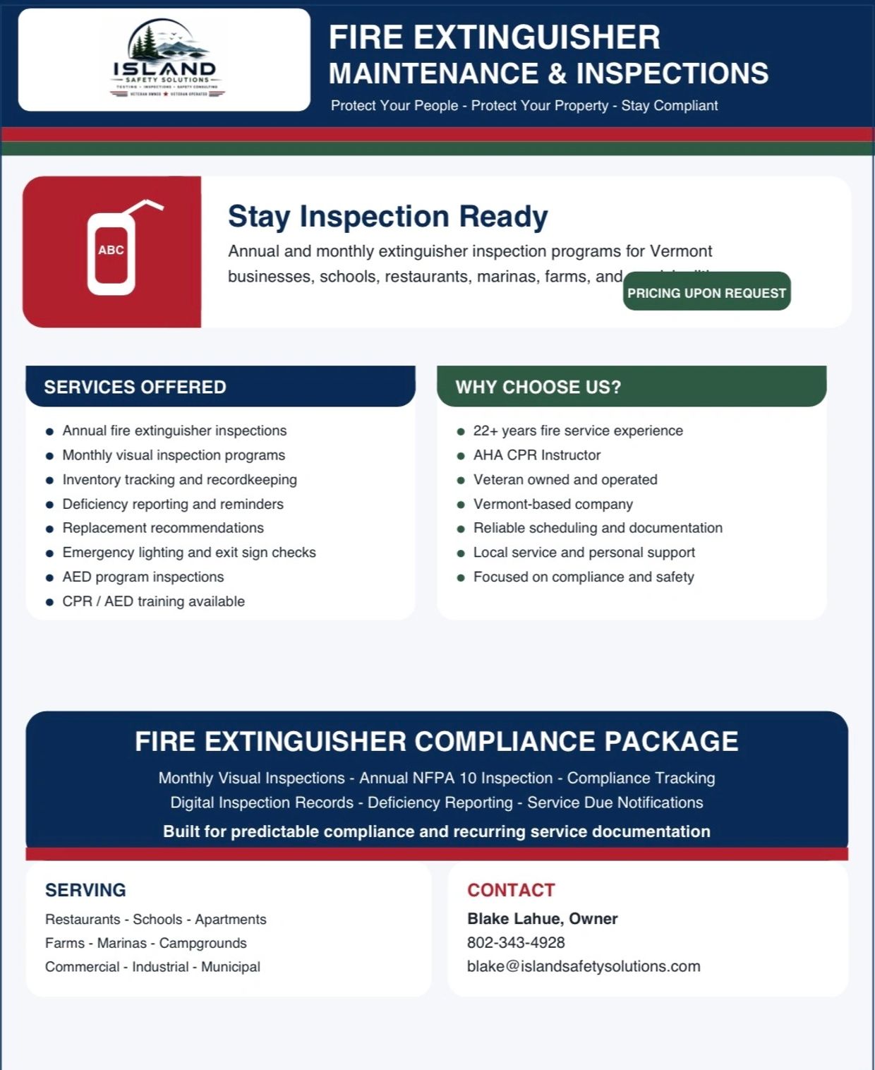 Flyer for fire extinguisher maintenance and inspections services in Vermont.