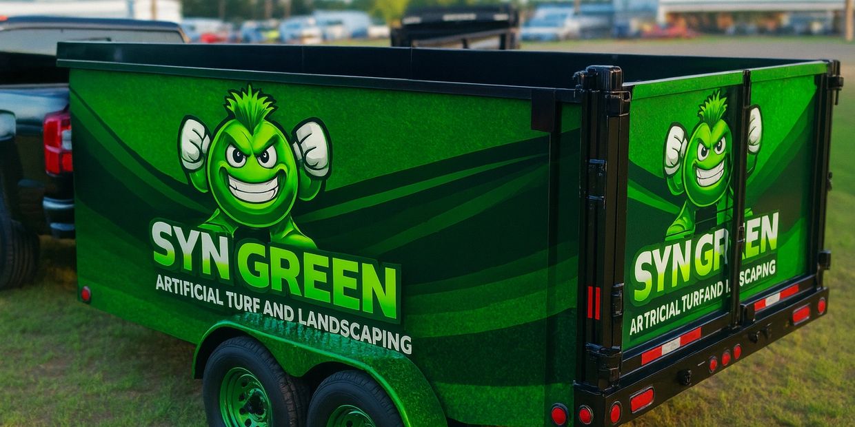 Green landscaping trailer with cartoon mascot and bold lettering.