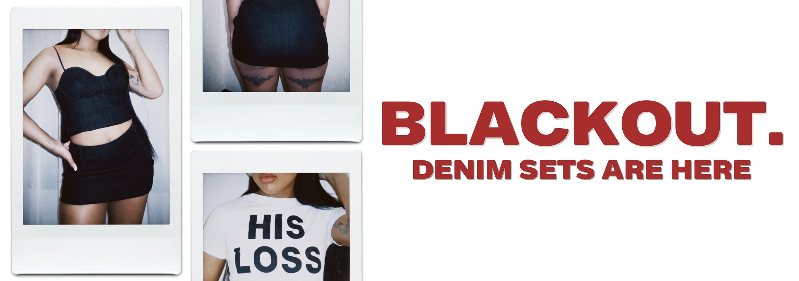 BLACKOUT DENIM SETS ARE HERE. SHOP NEW DENIM LONGLINE BUSTIER TOP AND LOW RISE MINI SKIRT NOW