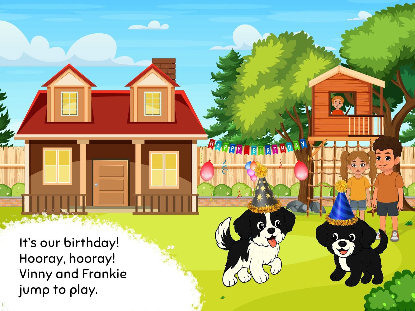 Two playful puppies in party hats celebrate a birthday in a backyard with children.