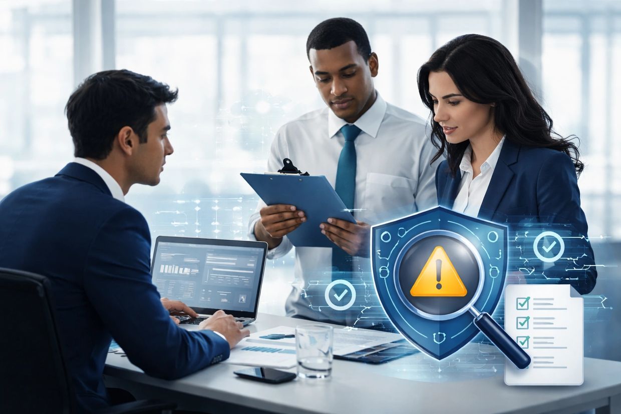 Three professionals analyzing cybersecurity data with digital security icons.
