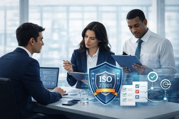 Three professionals discussing ISO 27001 compliance in a modern office setting.