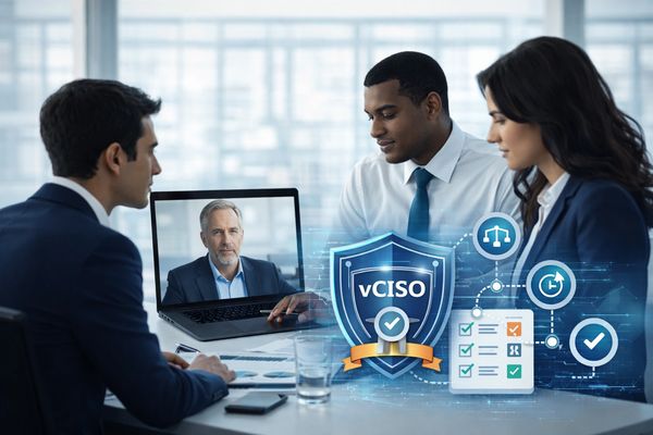 Business meeting with virtual CISO consultation and cybersecurity icons.
