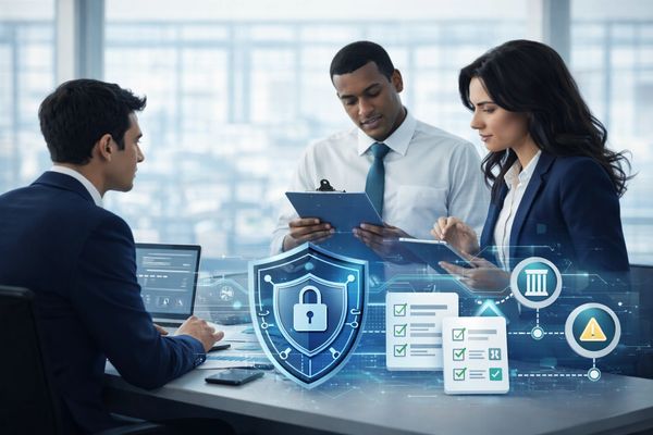 Business team discussing cybersecurity with digital security icons overlay.