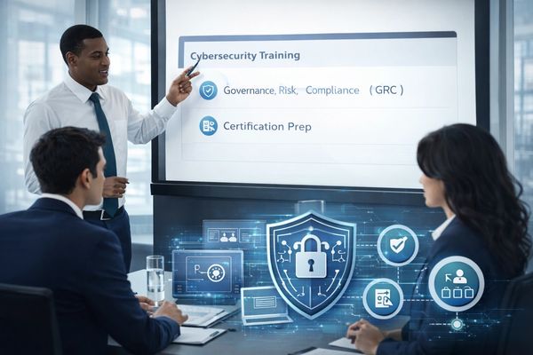 Professional presenting cybersecurity training to colleagues in a modern office.