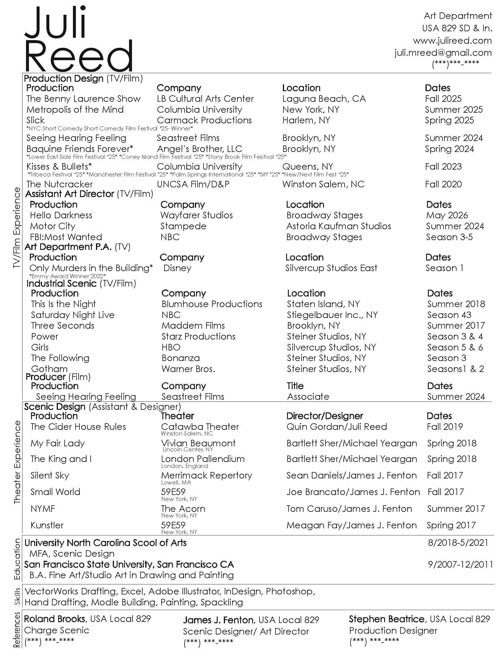 Resume of Juli Reed detailing TV/film production design and theater scenic design experience.
