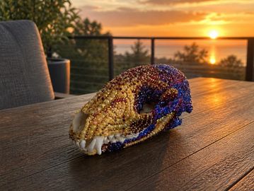 Beaded animal skull art displayed on a wooden table at sunset.