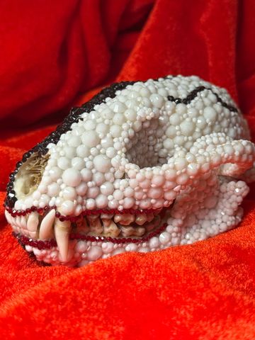 Animal skull decorated with white beads and red accents on red fabric.