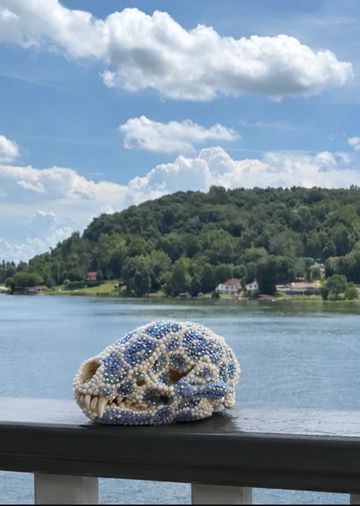 A decorative skull covered in beads on a railing with a lake and forested hill in the background.