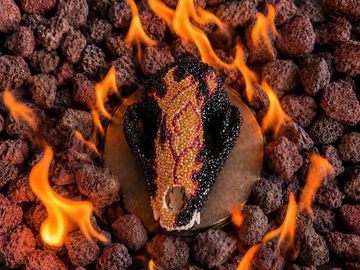 Decorative skull with fiery design surrounded by flames on volcanic rocks.