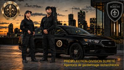 Deux agents en tenue noire devant une voiture de patrouille au coucher du soleil.