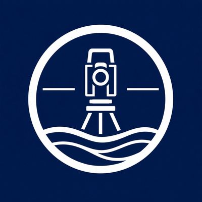 A white surveying instrument icon inside a circle on a navy blue background.