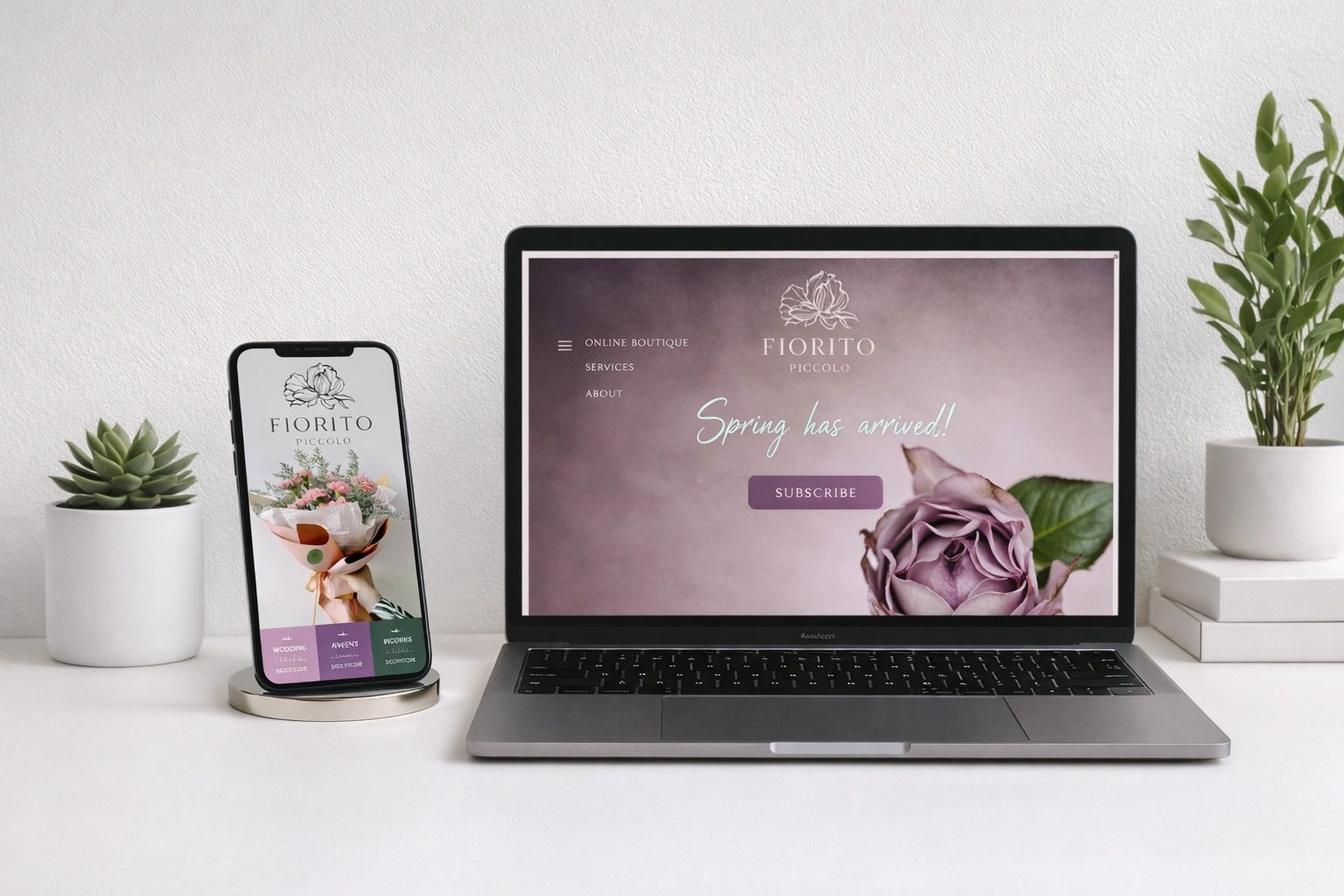 Laptop and smartphone display Fiorito Piccolo flower boutique website with floral designs.