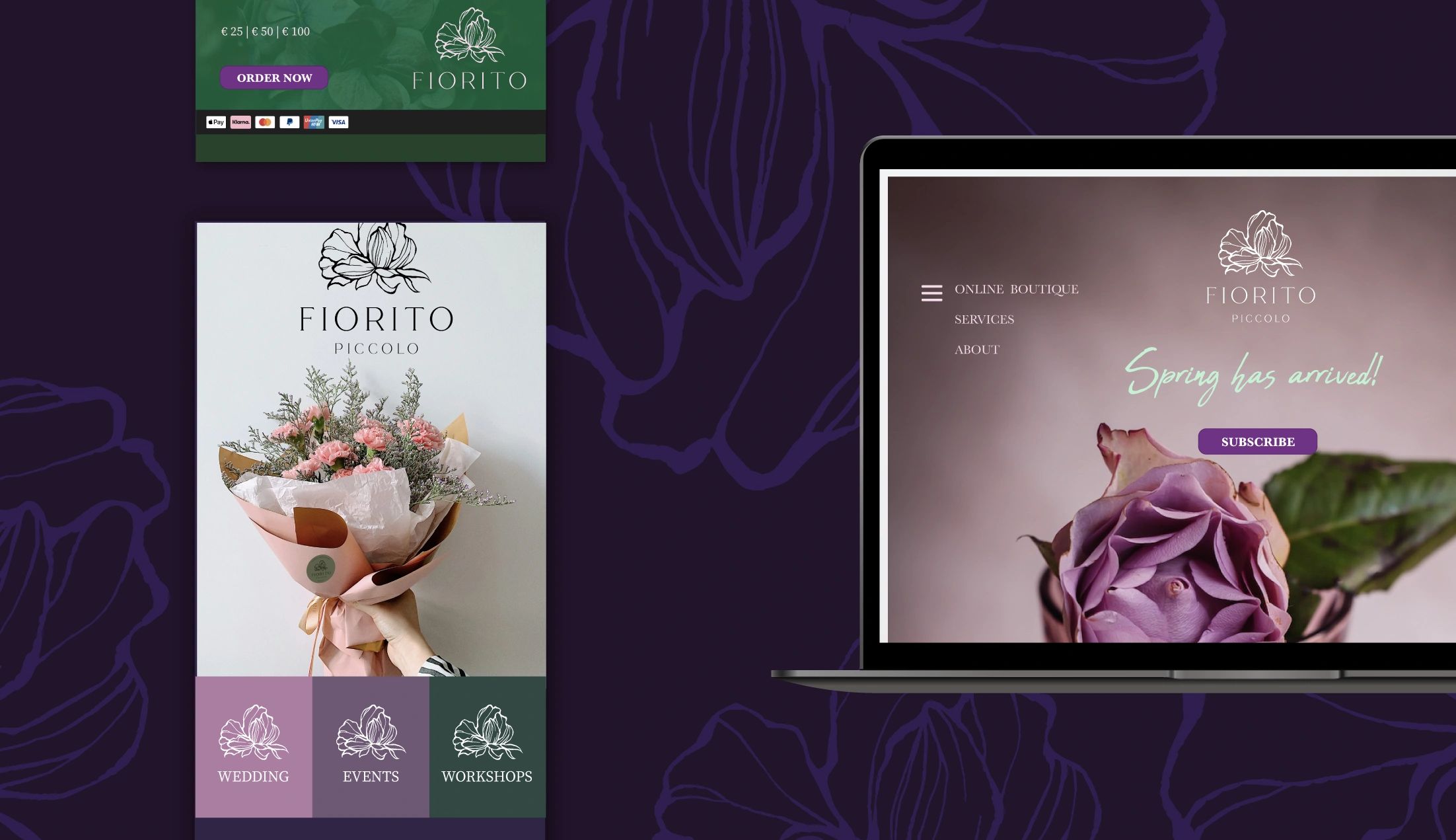 Elegant Fiorito floral branding and online boutique interface with bouquet and subscription option.