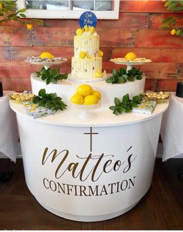 Confirmation celebration cake and decorations with lemons.